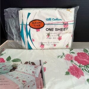 Vintage Sleepy Time & WT Grant Sheet Set Flat & Fitted Double Rose Pattern